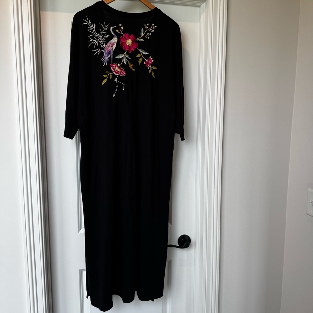 Johnny Was XL Embroidered Tunic Dress Black Floral Bird Boho Midi/Maxi - Picture 3 of 8